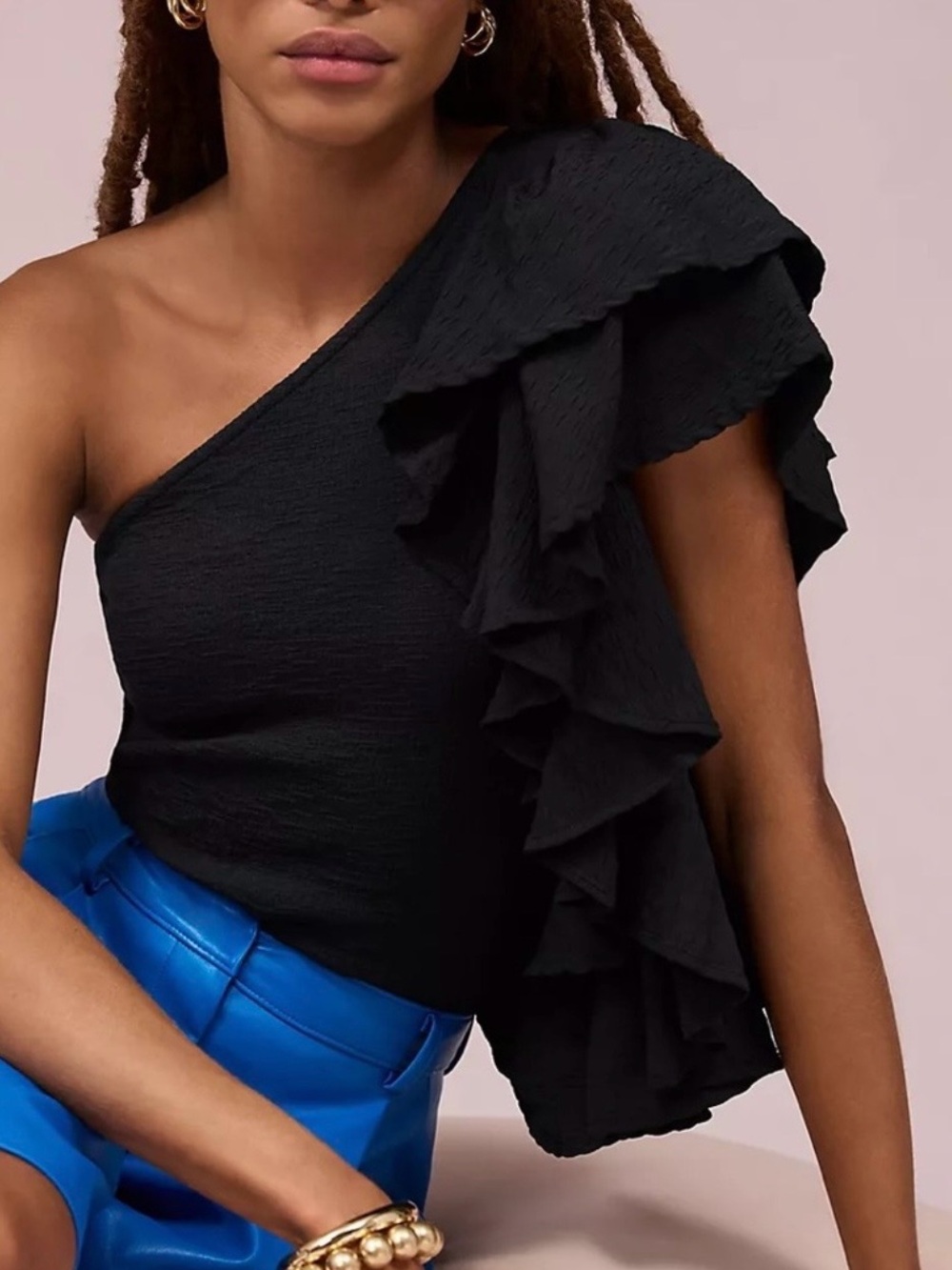 Anthropologie Black One-Shoulder Ruffle Top